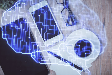 Multi exposure of brain drawing over work table desktop. Top view. Global data analysis concept.