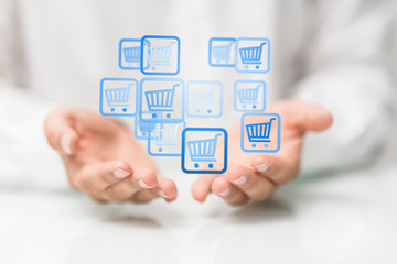 Online shopping business concept selecting shopping cart.