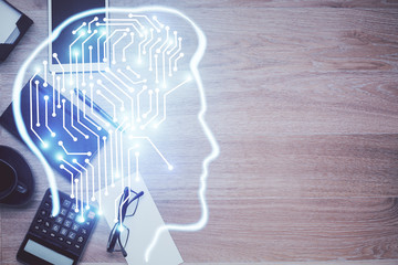 Double exposure of brain sketch and table top veiw. Concept of data analysis.