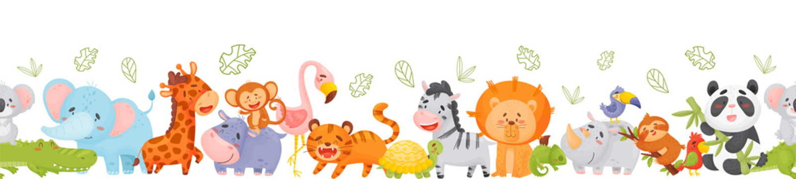 Seamless border with animals: koala, crocodile, elephant, giraffe, hippo, monkey, flamingo, tiger, turtle, zebra, lion, chameleon, rhino, toucan, sloth, parrot, panda. Vector, isolated background 
