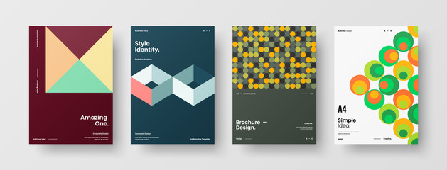 Company identity brochure template collection. Business presentation vector A4 vertical orientation front page mock up set. Corporate report cover abstract geometric illustration design layout bundle.