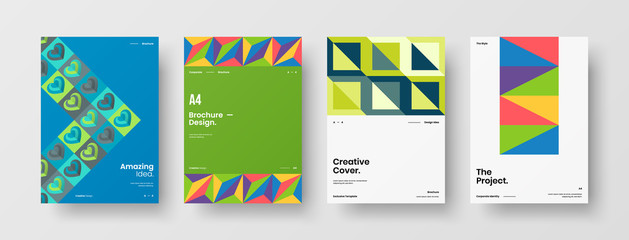Fototapeta premium Company identity brochure template collection. Business presentation vector A4 vertical orientation front page mock up set. Corporate report cover abstract geometric illustration design layout bundle.