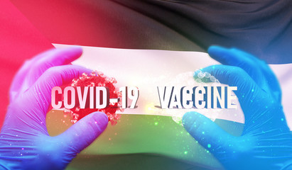 COVID-19 vaccine medical concept with flag of Palestine. Pandemic 3D illustration.