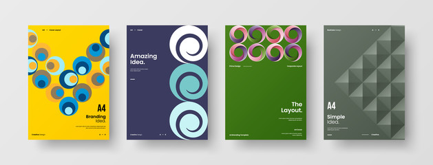Naklejka premium Company identity brochure template collection. Business presentation vector A4 vertical orientation front page mock up set. Corporate report cover abstract geometric illustration design layout bundle.