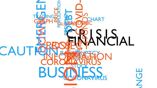 Crisis, financial word tag cloud. 3D rendering, white variant, loop able, UHD