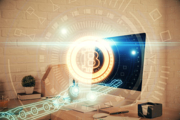Double exposure of crypto technology theme drawing and office interior background. Concept of...