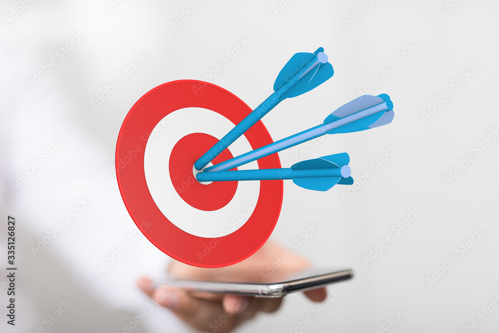 Aufkleber  makes a dart throw on the target. The concept of persistence in business..
