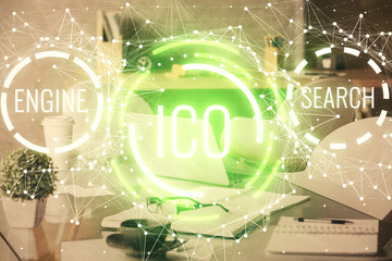Double exposure of crypto technology theme drawing and office interior background. Concept of...