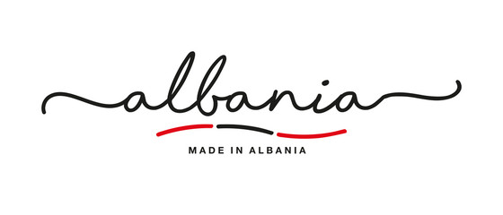 Fototapeta na wymiar Made in Albania handwritten calligraphic lettering logo sticker flag ribbon banner