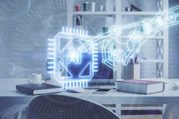 Double exposure of data theme drawing and office interior background. Concept of technology.