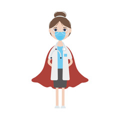 doctor woman with mouthmask and hero layer icon, flat style