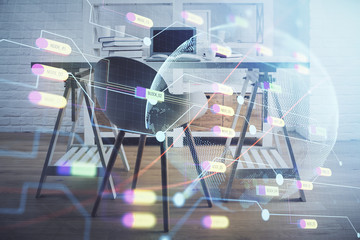 Multi exposure of world map drawing and office interior background. Concept of international network.