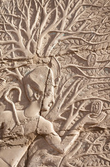 Hieroglyph of the ancient Egyptian pharaoh Ramses II kneeling at the Tree of Life, plucking the...