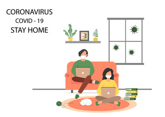 Stay safe at home. A man and a woman work at home to reduce the risk of infection and prevent the spread of the Covid-19 virus. Stay home in quarantine during the coronavirus epidemic.