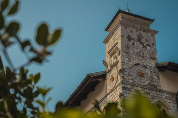 Tower of the pallazo comunale or town hall in the old city of Venzone in northern italy, viewed from low perspective through the green bushes