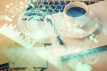 Double exposure of business theme drawing and desktop with coffee and items on table background. Concept of market trading