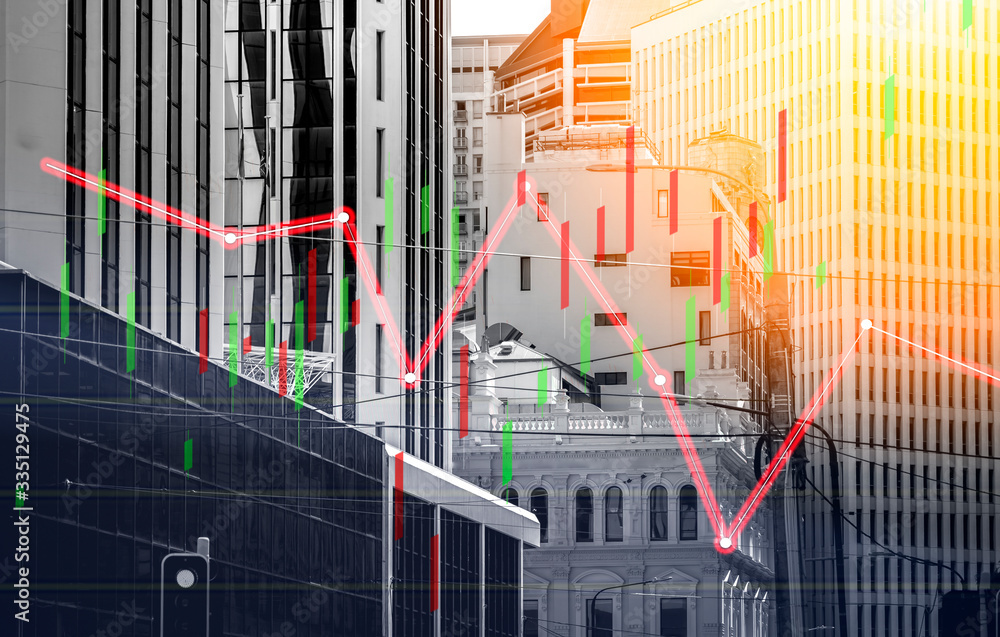 Poster index graph chart with buildings background double exposure. financial research concept.