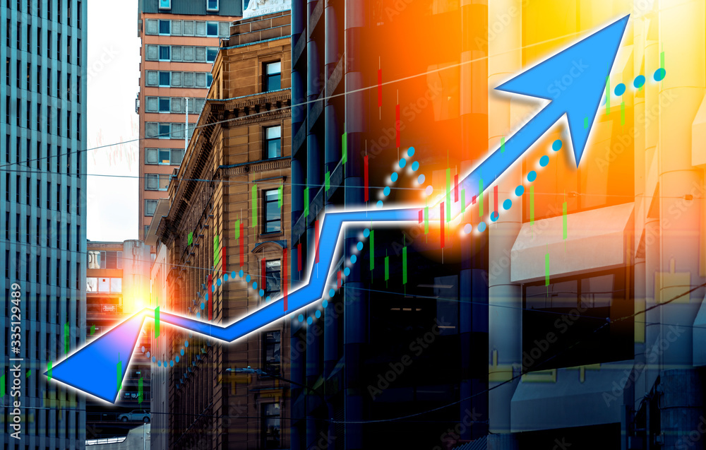 Poster index graph chart with buildings background double exposure. financial research concept.