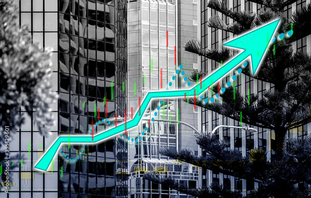 Poster index graph chart with buildings background double exposure. financial research concept.