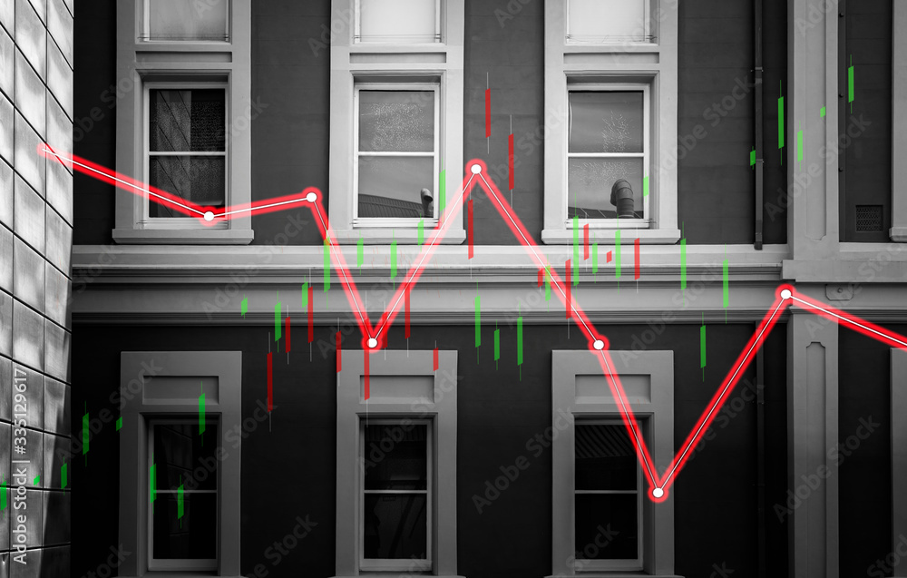 Poster index graph chart with buildings background double exposure. financial research concept.