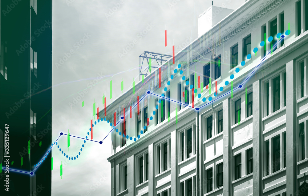 Poster index graph chart with buildings background double exposure. financial research concept.