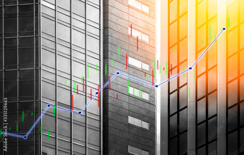 Poster index graph chart with buildings background double exposure. financial research concept.