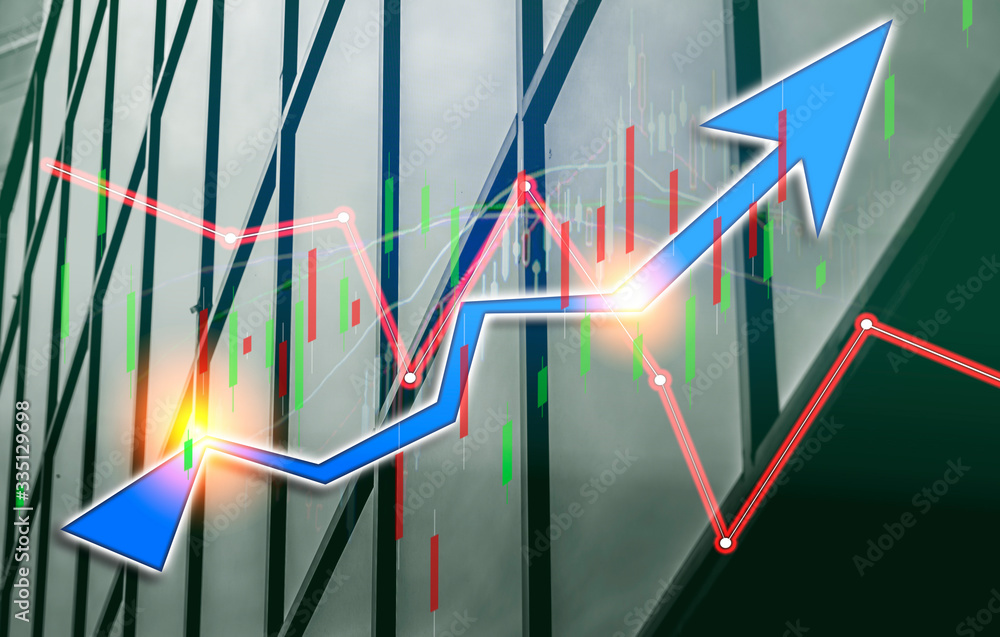 Poster index graph chart with buildings background double exposure. financial research concept.