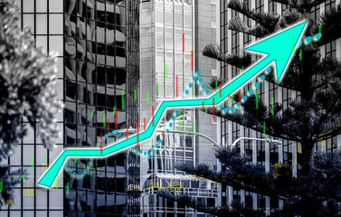 Index graph chart with buildings background double exposure. Financial research concept.