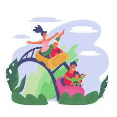 Cheerful family with children riding roller coaster together in amusement park. Summer leisure and entertainment activity background with park landscape elements. Flat vector illustration isolated.