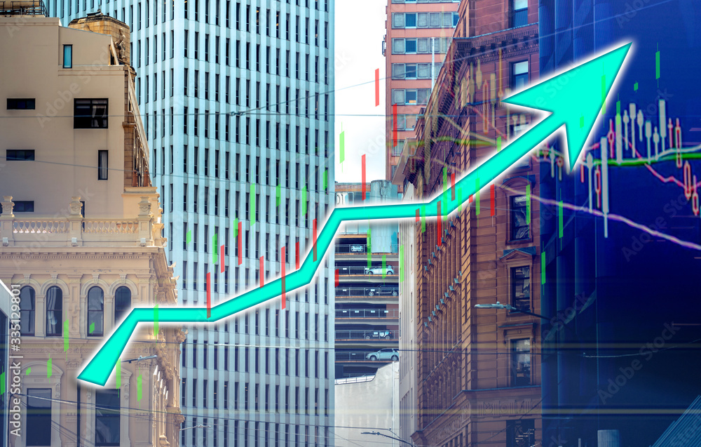 Poster index graph chart with buildings background double exposure. financial research concept.