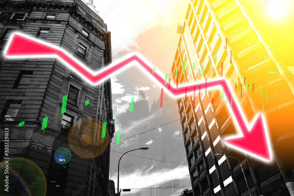 Poster index graph chart with buildings background double exposure. financial research concept.