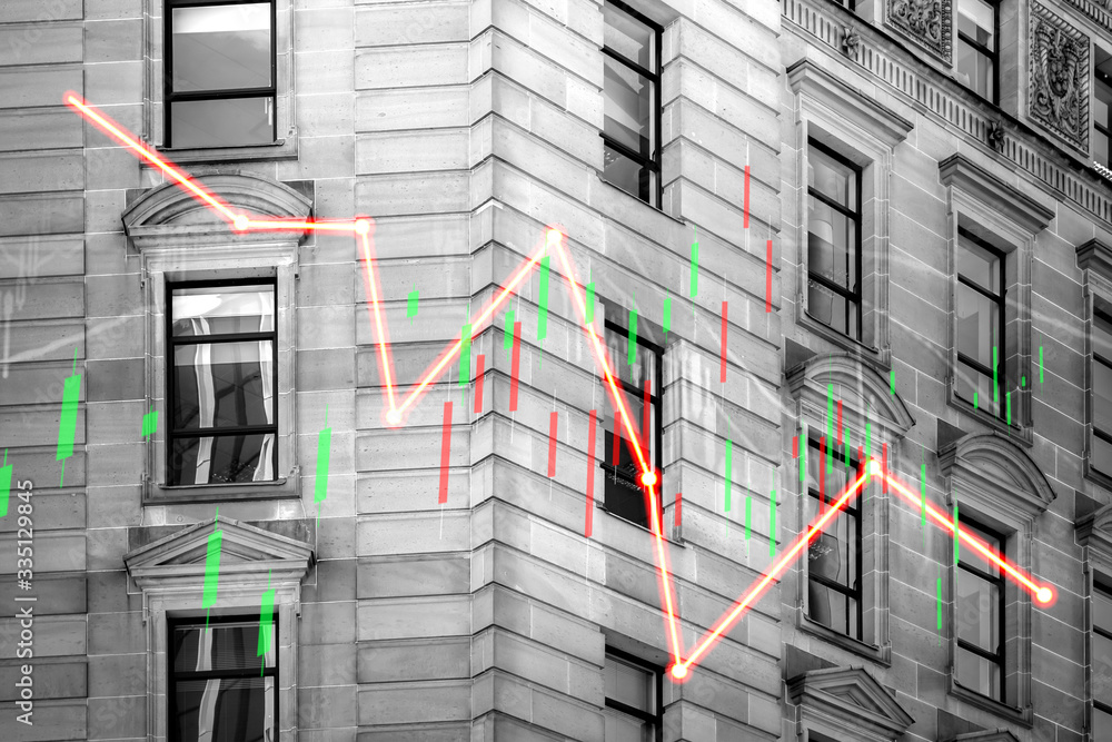 Poster index graph chart with buildings background double exposure. financial research concept.