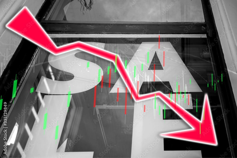 Poster index graph chart with buildings background double exposure. financial research concept.