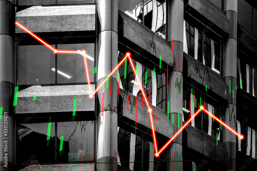 Poster index graph chart with buildings background double exposure. financial research concept.