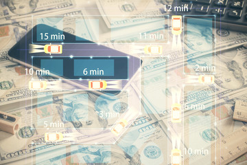 Double exposure of tech theme drawing over usa dollars bill background. Concept of autopilot ai.