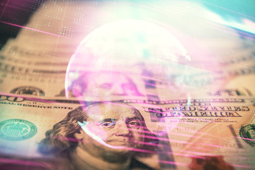 Naklejka premium Double exposure of tech theme drawing over usa dollars bill background. Concept of technology.