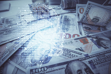 Double exposure of brain drawing over us dollars bill background. Technology concept.