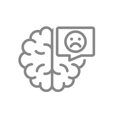 Obraz premium Brain with sad face in speech bubble line icon. Diseased internal organ, central nervous system illness symbol