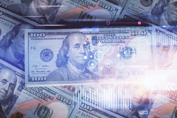 Double exposure of data theme drawing over us dollars bill background. Technology concept.