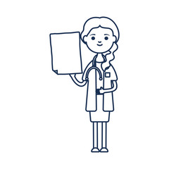 doctor woman standing holding a blank note icon, line style