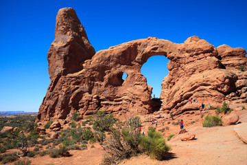 Fototapeta premium Moab, Utah / USA - August 18, 2015: Rock formation and landscape at Arches National Park, Moab, Utah, USA