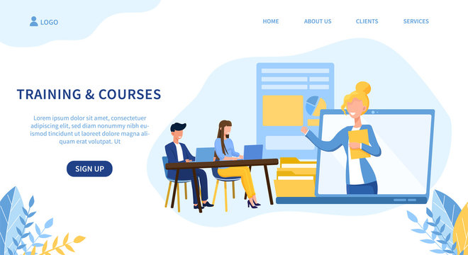 Illustrated training and courses theme with online teacher teaching people at desk. Vector illustration