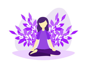 Relaxation techniques vector illustration. Female person sitting in yoga lotos position and enjoy calm, harmony and peace. Alternative medicine for vitality or healthy lifestyle and soul fulfillment