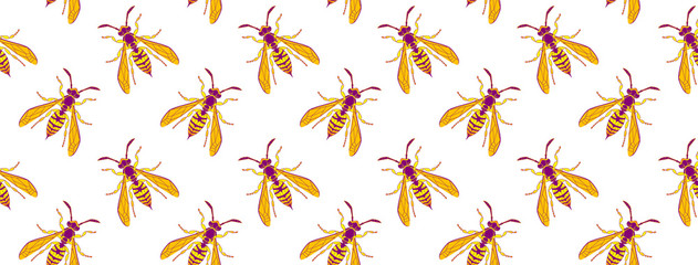 Wasp insect seamless wallpaper. Dangerous design for textile, fabric texture. Yellow bugs cover on white backdrop. Vector Bumblebee drawing web banner. Wild Nature graphic print