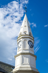 Close view of Campbeltown clock tower. Kintyre peninsula, Scotland.