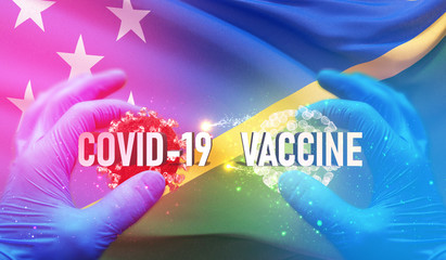 COVID-19 vaccine medical concept with flag of Solomon Islands. Pandemic 3D illustration.