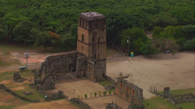 PANAMA CITY, PANAMA, APRIL 13, 2015: Aerial view of the ruins of the archaeological site of Panama Viejo, half day, camera rotates around and away from the Cathedral of Our Lady of the Assumption