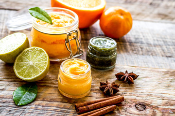organic citrus scrub homemade on wooden background