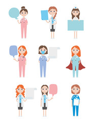 cartoon doctors women and medical staff icon set, flat style