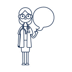 cartoon happy doctor woman icon with speech bubble, line style